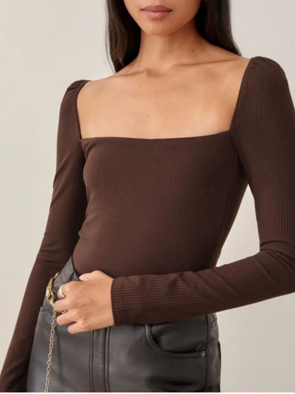 Reformation Chrissy open tie back cafe brown ribbed long sleeve crop top sz s